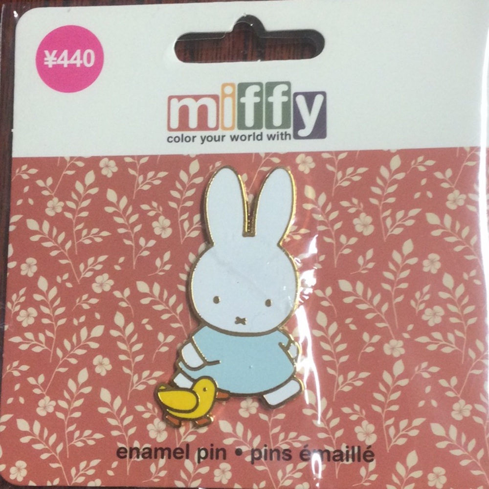 Miffy Enamel Pin with Blue Outfit and Yellow Duck